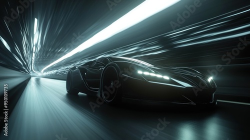 Black Sports Car Driving Through a Tunnel with Bright Lights