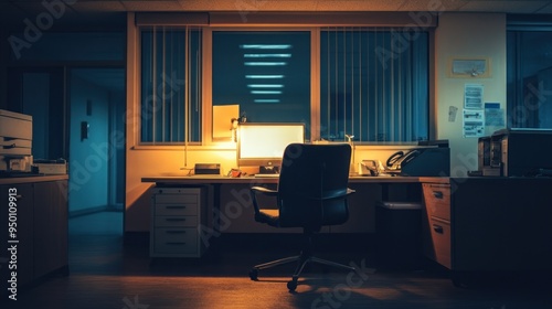 Empty Office Desk with a Computer and an Office Chair at Night photo