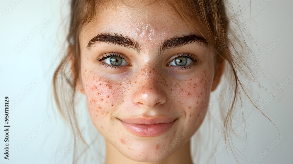 Acne Positivity Day. Happy young woman with skin inflammation reflects self-confidence and acceptance, promoting positivity despite skin disorders. Close up photo Acne Positivity Day. Happy young woman with skin inflammation reflects self-confidence and acceptance, promoting positivity despite skin disorders. Close up photo