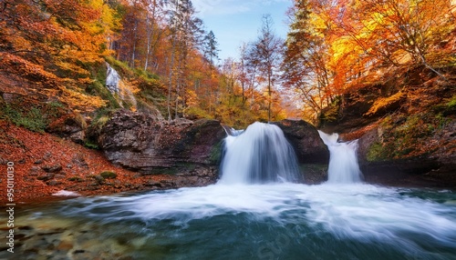 The autumn colors in a stunning waterfall landscape. Autumn view in the forest.