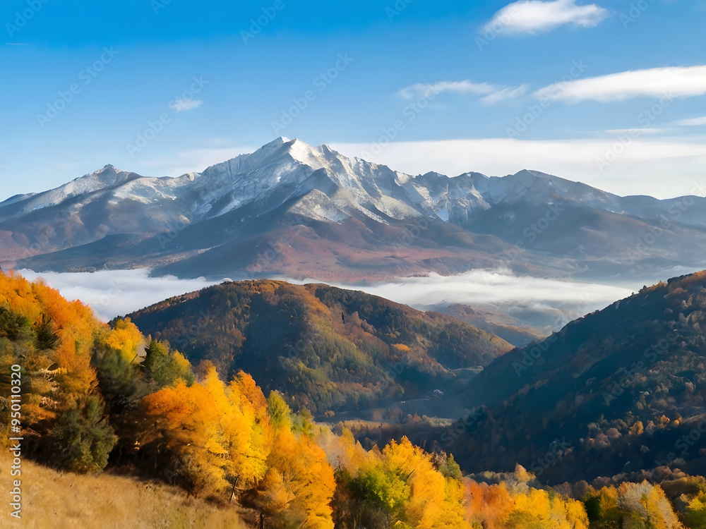 Naklejka premium A scenic view of a mountain range in autumn