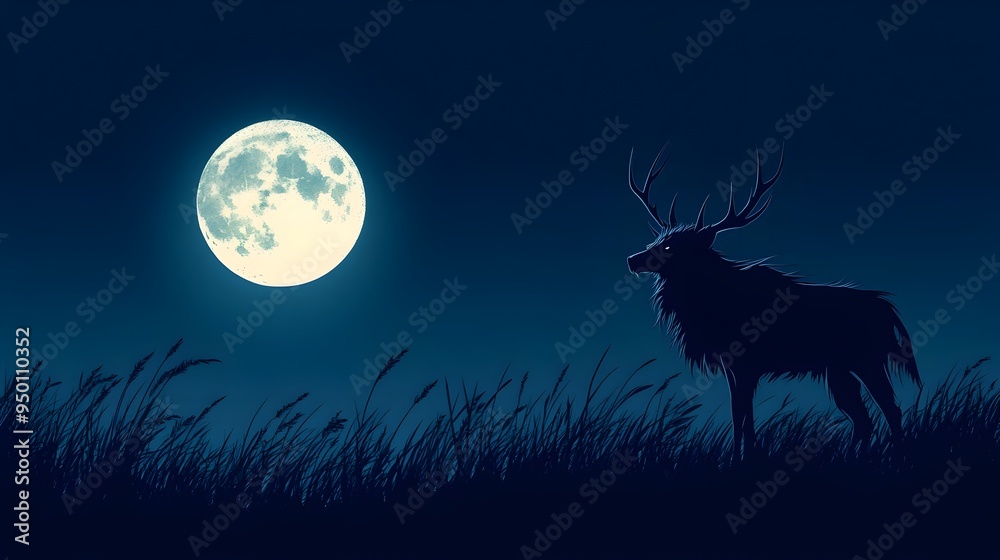Majestic Deer Silhouette Hunting Under Full Moon in Mystical Midnight Landscape Majestic Deer Silhouette Hunting Under Full Moon in Mystical Midnight Landscape