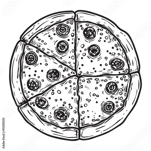 Hand-Drawn Pizza Vector Illustration in Black and White Engraved Woodcut Style