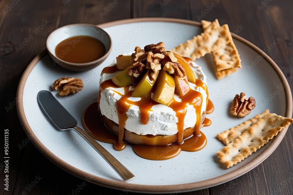 Creamy Fluffy Cheese with Spiced Baked Apples Crispy Lavash Strips Caramel Drizzle and Crunchy Walnuts Creamy Fluffy Cheese with Spiced Baked Apples Crispy Lavash Strips Caramel Drizzle and Crunchy Walnuts