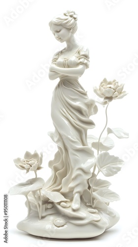 Elegant Porcelain Figurine with Intricate Floral Carvings on Stark White Background