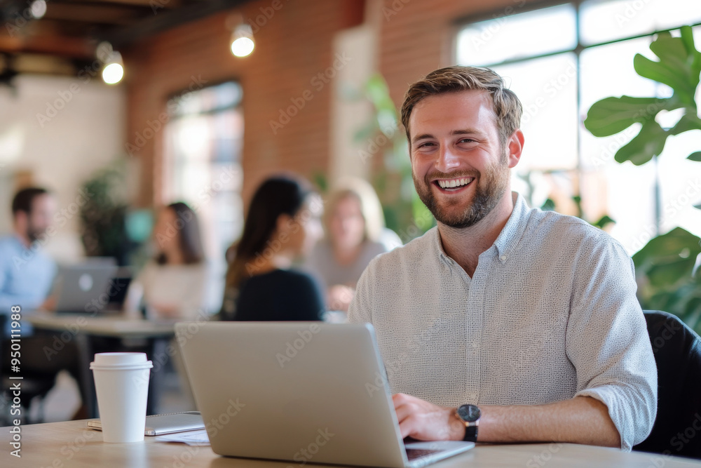 Smiling young man in a busy coworking space, working on a laptop. Casual, collaborative environment with natural light and greenery, fostering creativity and productivity. Smiling young man in a busy coworking space, working on a laptop. Casual, collaborative environment with natural light and greenery, fostering creativity and productivity.