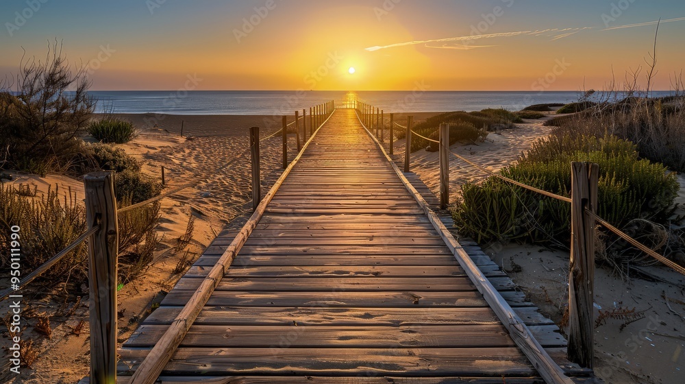 Fototapeta premium An elegant wooden boardwalk stretches toward a sandy beach, the ocean beyond shimmering under the sunset. Sparse vegetation lines the walk, creating a perfect frame for the scene.