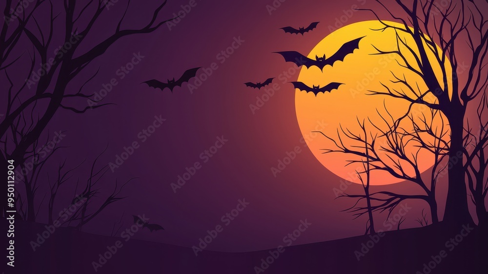 Spooky Halloween scene featuring a full moon and bats flying over barren trees against a dark purple sky. Spooky Halloween scene featuring a full moon and bats flying over barren trees against a dark purple sky.