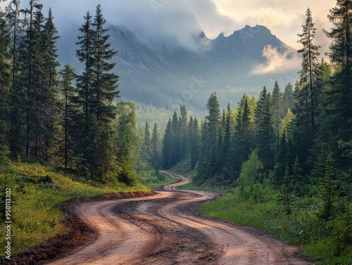 Dirt road winding through pine forest, rugged and wild.