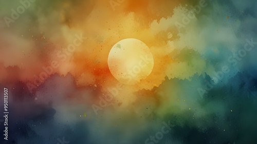 Colorful watercolor background of abstract sunset sky with paint blotches and soft blurred texture in blue green yellow beige and orange border in gradient paint Generative AI photo