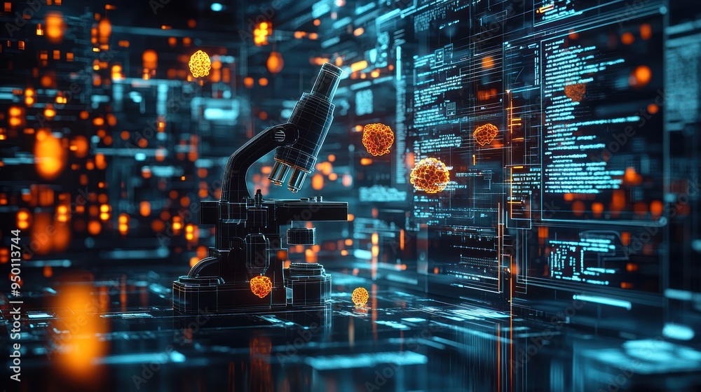 Futuristic Microscope Technology with Floating Bio Models on Digital Background,Generative Ai Futuristic Microscope Technology with Floating Bio Models on Digital Background,Generative Ai