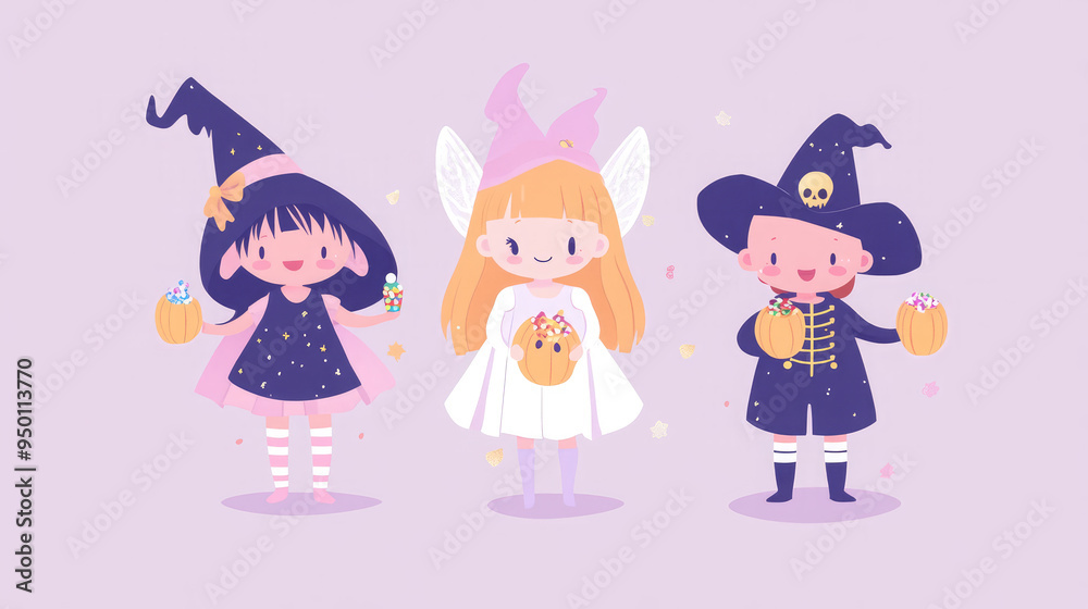 Cute pastel trick-or-treaters in fairy and pirate costumes, holding candy, on a light pastel lavender background. Cute pastel trick-or-treaters in fairy and pirate costumes, holding candy, on a light pastel lavender background.