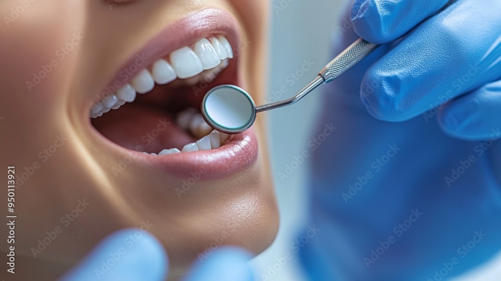 Obraz premium A dentist is cleaning a woman's teeth with a mirror and a dental tool