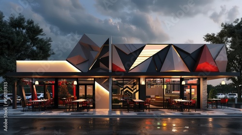 A fast-food restaurant with a striking geometric façade, abstract art elements incorporated into the design, and a minimalist, modern look.