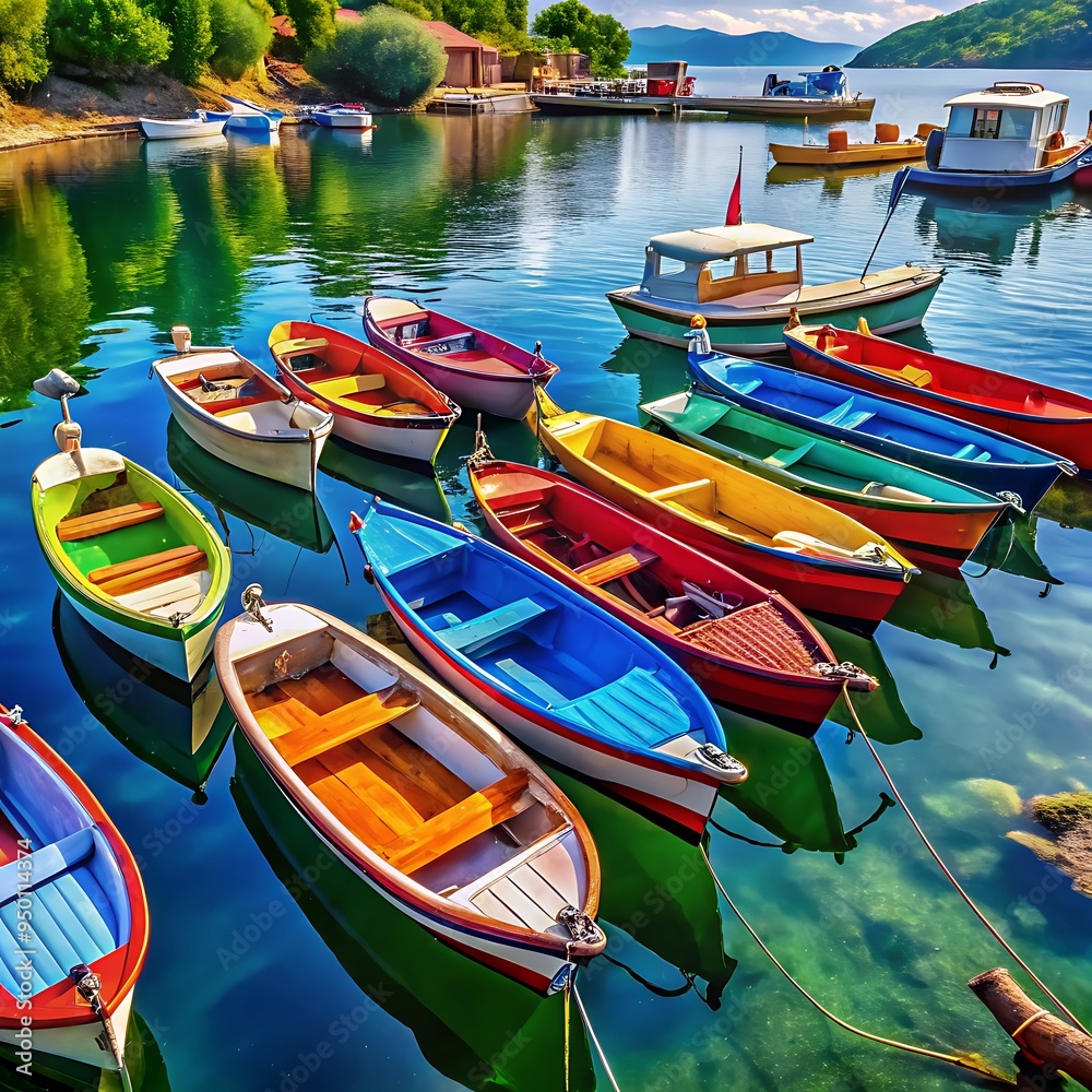 River Reflecting a Row of Colorful Rowboats River Reflecting a Row of Colorful Rowboats