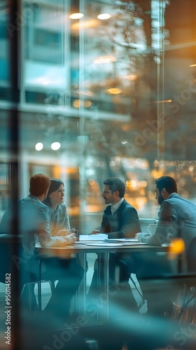 A group of business people sitting around an office table, having a meeting in the conference room