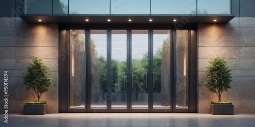 Modern building entrance with glass doors and stone facade.