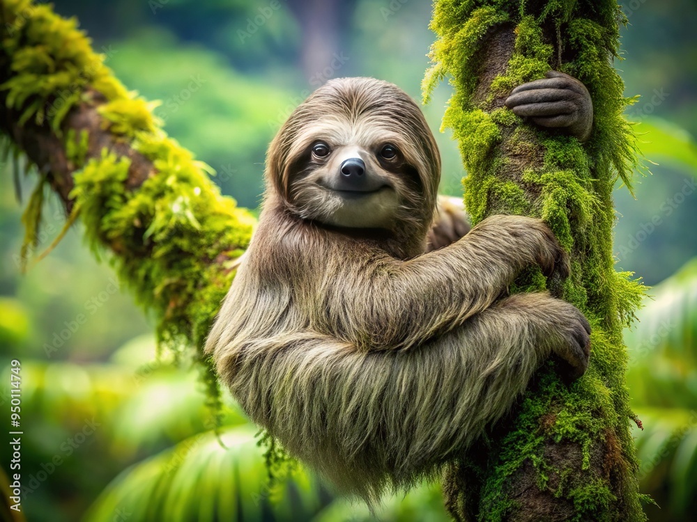 Fototapeta premium A serene sloth clings to a moss-covered tree branch, its soft fur blending with the lush rainforest surroundings, conveying a sense of calm tranquility.