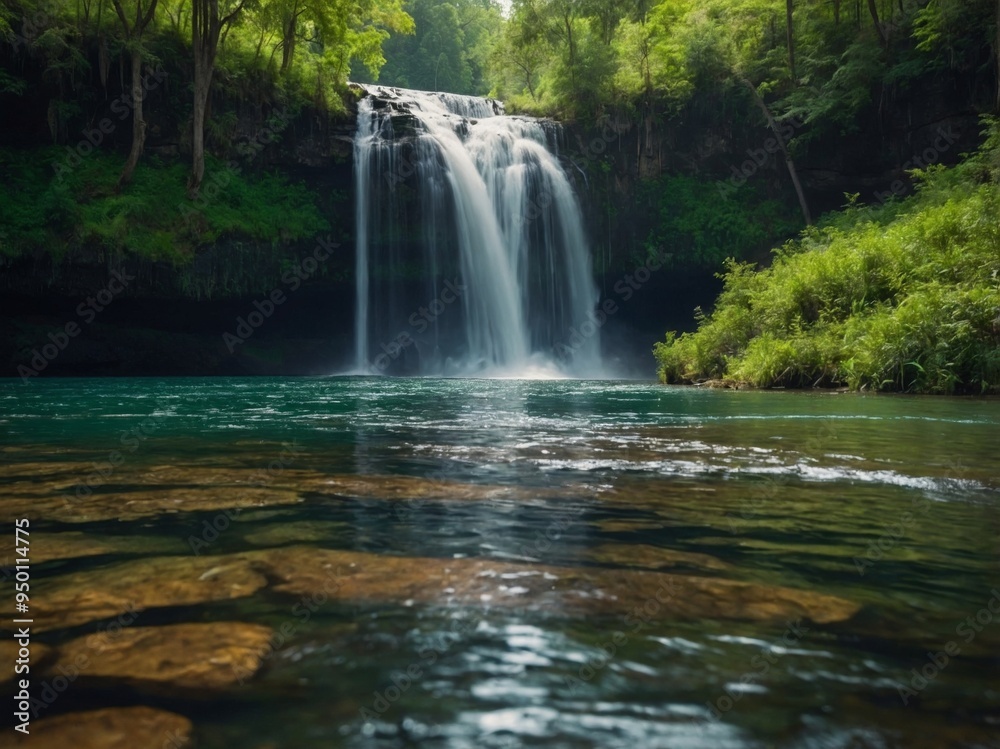 Obraz premium a waterfall cascading into a beautiful lake amidst lush green nature.
