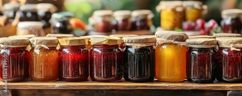 Homemade jams and jellies on a market stall, jars arranged neatly, showcasing a range of flavors, highlighting traditional and handcrafted products