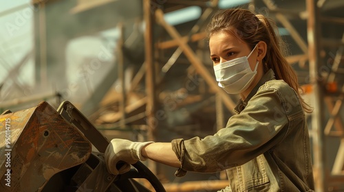 A female construction worker in a high-grade dust mask, operating heavy machinery at a building site with steel structures in the background.