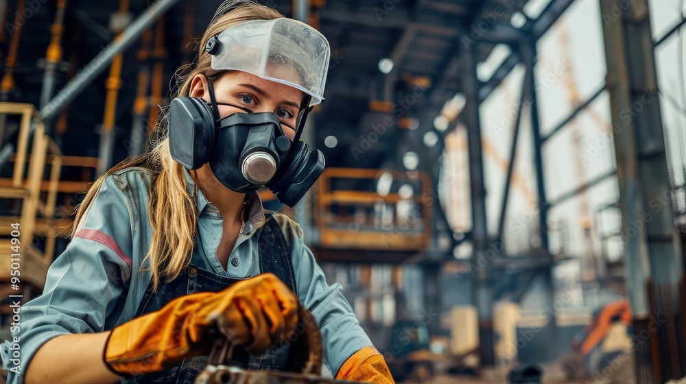 A female construction worker in a high-grade dust mask, operating heavy machinery at a building site with steel structures in the background. A female construction worker in a high-grade dust mask, operating heavy machinery at a building site with steel structures in the background.