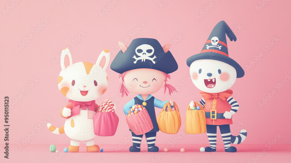 Naklejka premium Cute illustrator-style trick-or-treaters in animal and pirate costumes, holding candy bags, on a soft pastel pink backdrop.