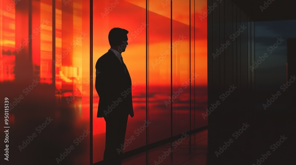 Silhouette of a Businessman Standing Against a Sunset Window Silhouette of a Businessman Standing Against a Sunset Window