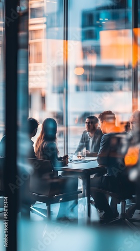 A group of business people sitting around an office table, having a meeting in the conference room