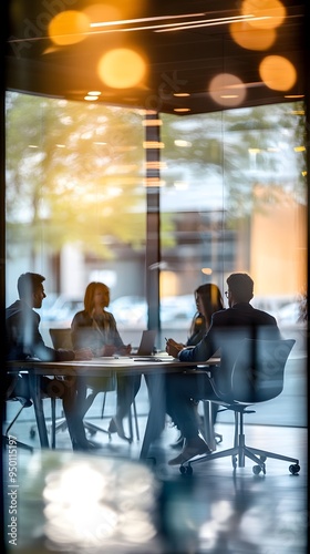 A group of business people sitting around an office table, having a meeting in the conference room