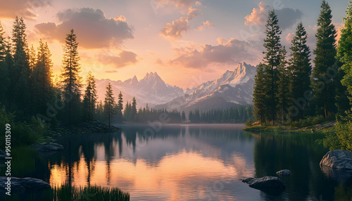 A tranquil mountain lake at sunset, with the water reflecting the vivid sky, encircled by towering pines and distant peaks ,