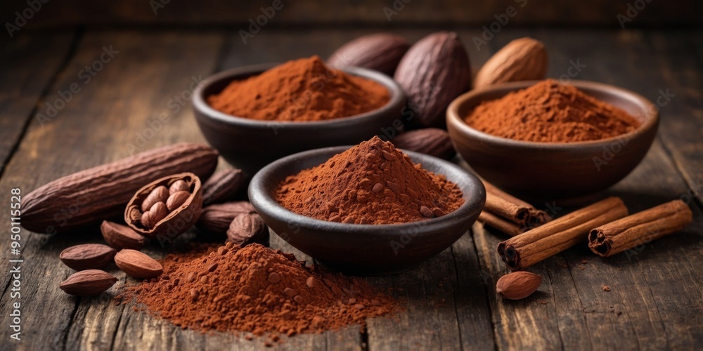 Various forms of cocoa products on a rustic background. Various forms of cocoa products on a rustic background.