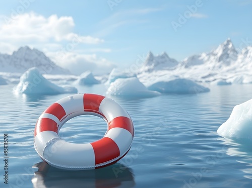 A red and white lifebuoy floats in icy blue water, with a snowy mountain range in the background.