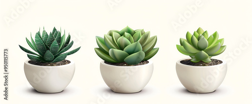 Aloe succulent plants in pastel colored pots, on white background with reflection ,succulents in white ceramic pots on a white table