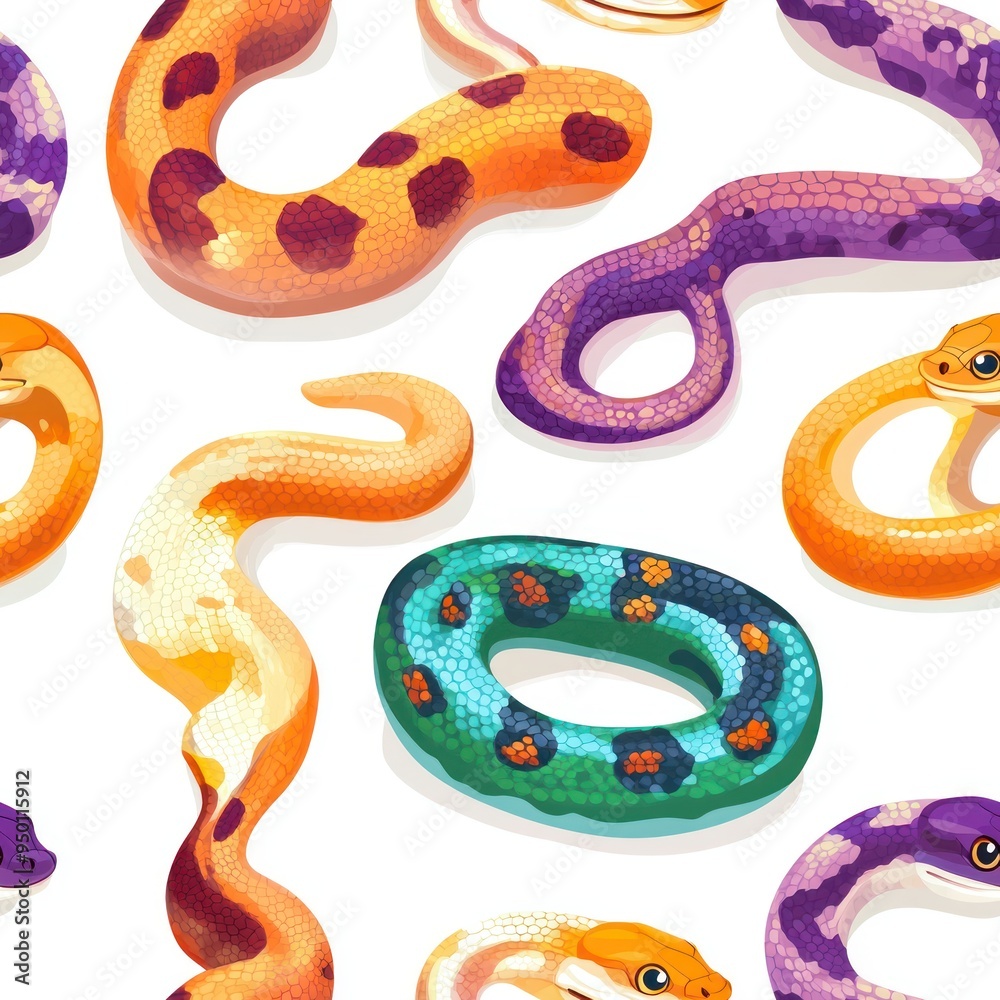A colorful pattern of various snake illustrations in vibrant colors and designs. A colorful pattern of various snake illustrations in vibrant colors and designs.