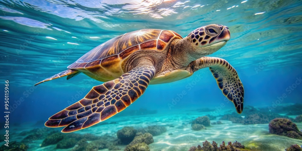 Obraz premium Sea turtle swimming gracefully in the ocean, with intricate patterns and designs on its shell , sea turtle