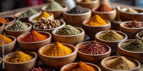 Variety of Spices in Wooden Bowls at Market.