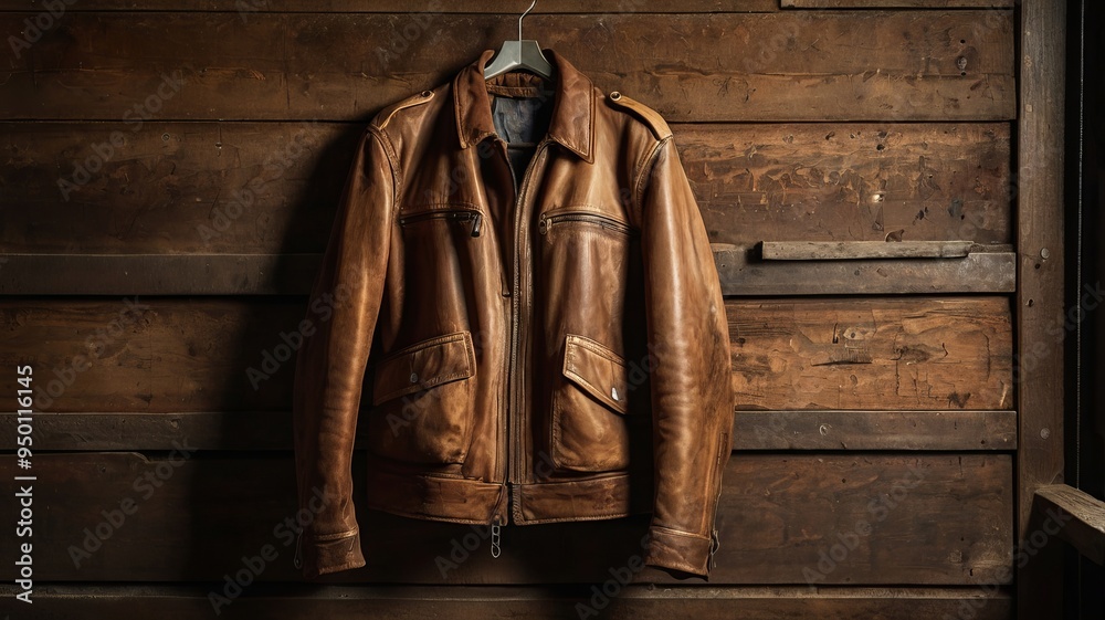 Fototapeta premium A brown vintage leather jacket hangs on a wooden wall in a country house.