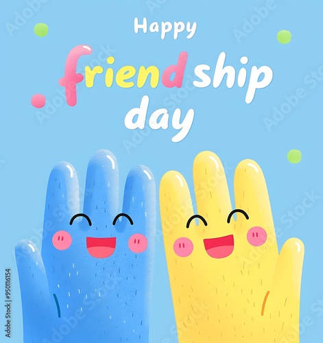 illustration of three cute cartoon fingers smiling and hugging each other, simple flat design with a pastel blue background and the text "Happy friendship day" 