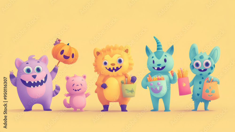 Naklejka premium Adorable pastel-colored trick-or-treaters in animal and monster costumes, with candy bags, on a light pastel yellow background.