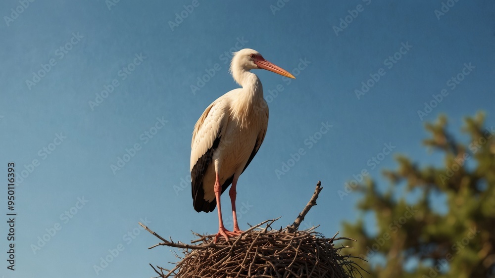Fototapeta premium Stork standing on a branch near a nest under a clear blue sky.