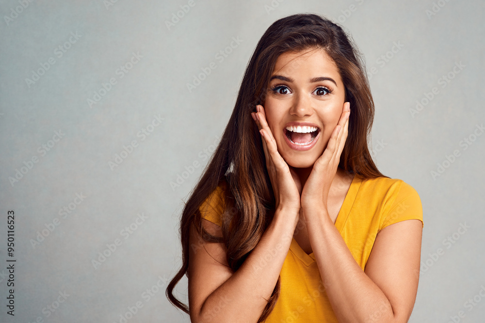 Studio, excited and woman in portrait for surprise, wow and mind blown