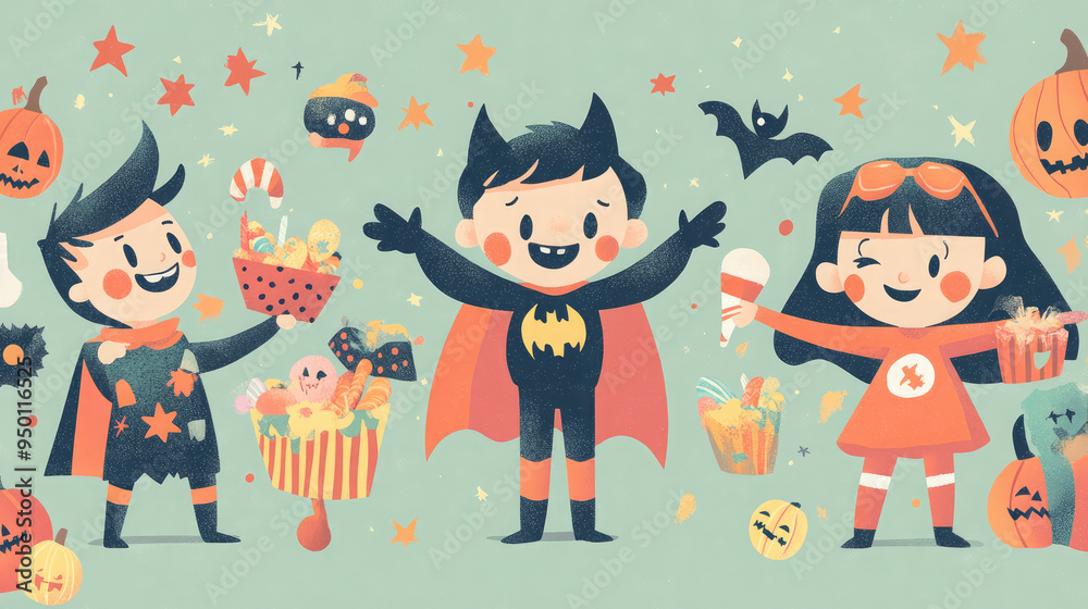 Adorable illustrator-style trick-or-treaters in spooky and superhero costumes, surrounded by candy and stars on a soft pastel green backdrop. Adorable illustrator-style trick-or-treaters in spooky and superhero costumes, surrounded by candy and stars on a soft pastel green backdrop.