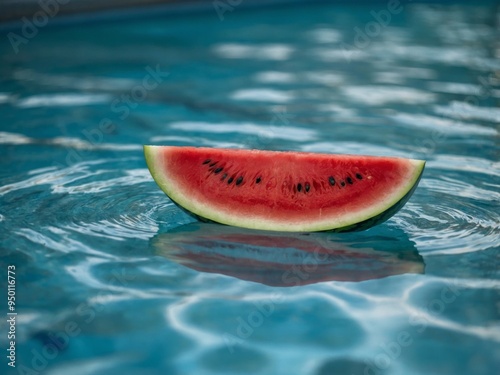 Watermelon slice in a clear blue pool Refreshing summer vibe. photo