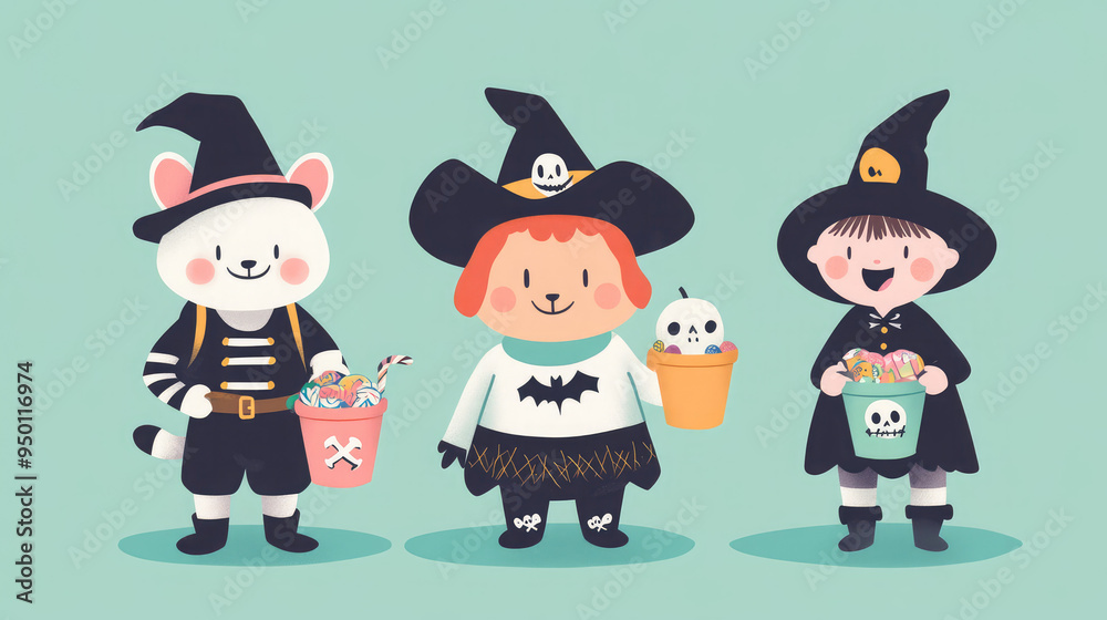 Adorable illustrator-style trick-or-treaters dressed as animals and pirates, with candy buckets, on a soft pastel green backdrop. Adorable illustrator-style trick-or-treaters dressed as animals and pirates, with candy buckets, on a soft pastel green backdrop.
