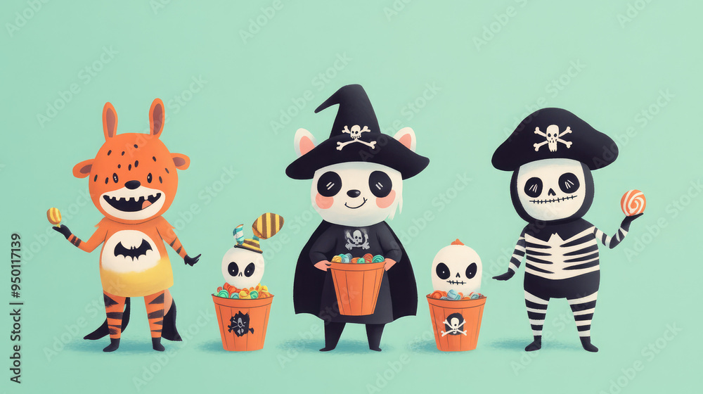 Fototapeta premium Adorable illustrator-style trick-or-treaters dressed as animals and pirates, with candy buckets, on a soft pastel green backdrop.