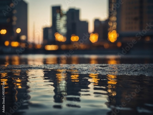 Abstract cityscape with yellow accents and reflective water. photo