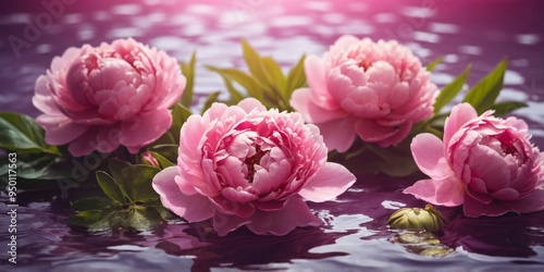 Fototapeta Naklejka Na Ścianę i Meble -  pink peonies in a purple rippled water with sun glares flat lay.
