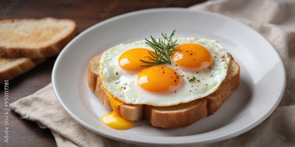 Top view of fried egg on slice of bread on white plate. Top view of fried egg on slice of bread on white plate.