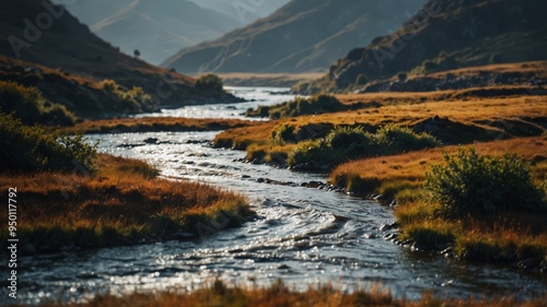 Serene highland landscape with meandering river.